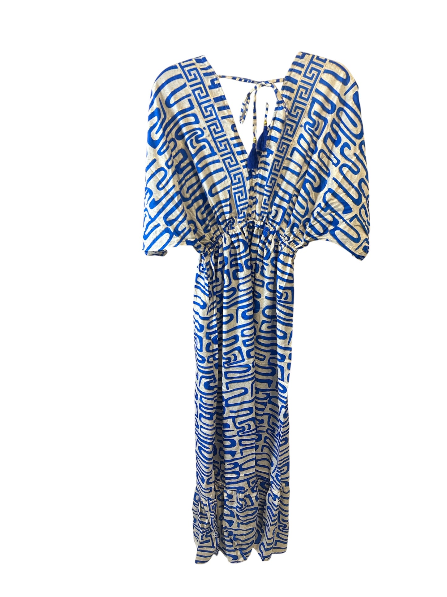 Vestito Lungo Stile Kaftano "Grecian Blue" – Stampa Geometrica e Greca